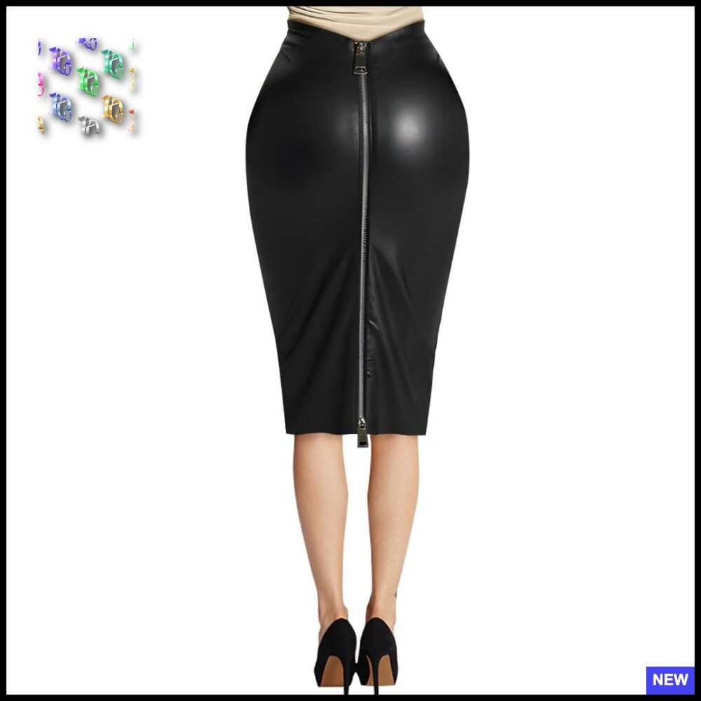 Faux Leather Pencil Skirt High Waist Midi Length Double Zipper Chic